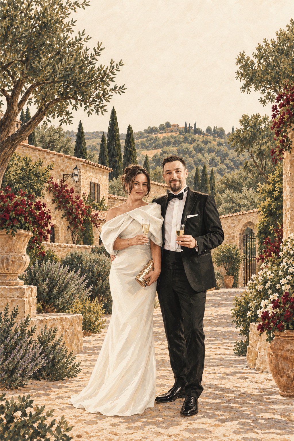 Boris and Liliia together in a Sicilian courtyard, Liliia in a white gown and Boris in a black tuxedo