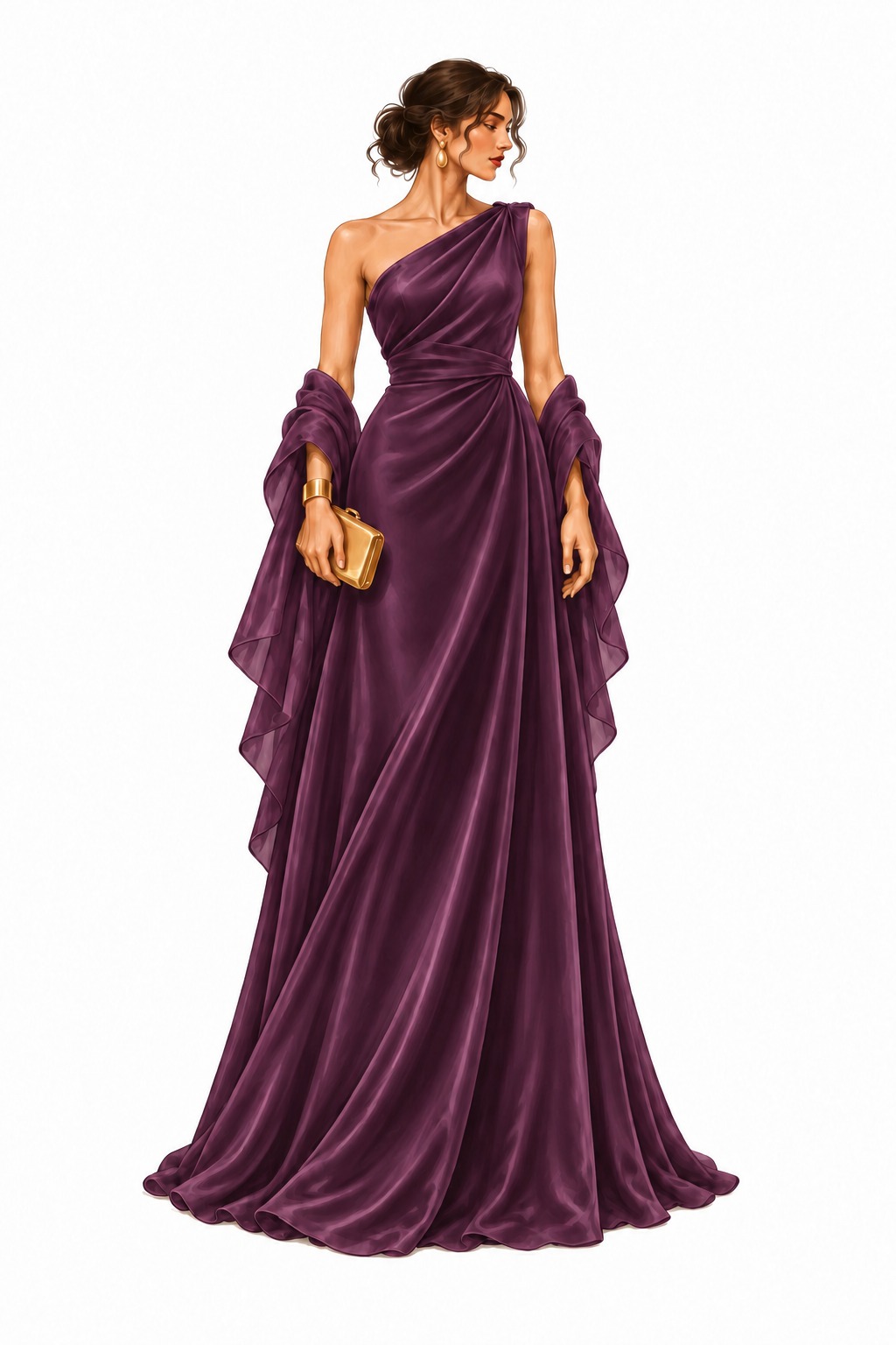 Plum one-shoulder satin evening gown with a light matching wrap