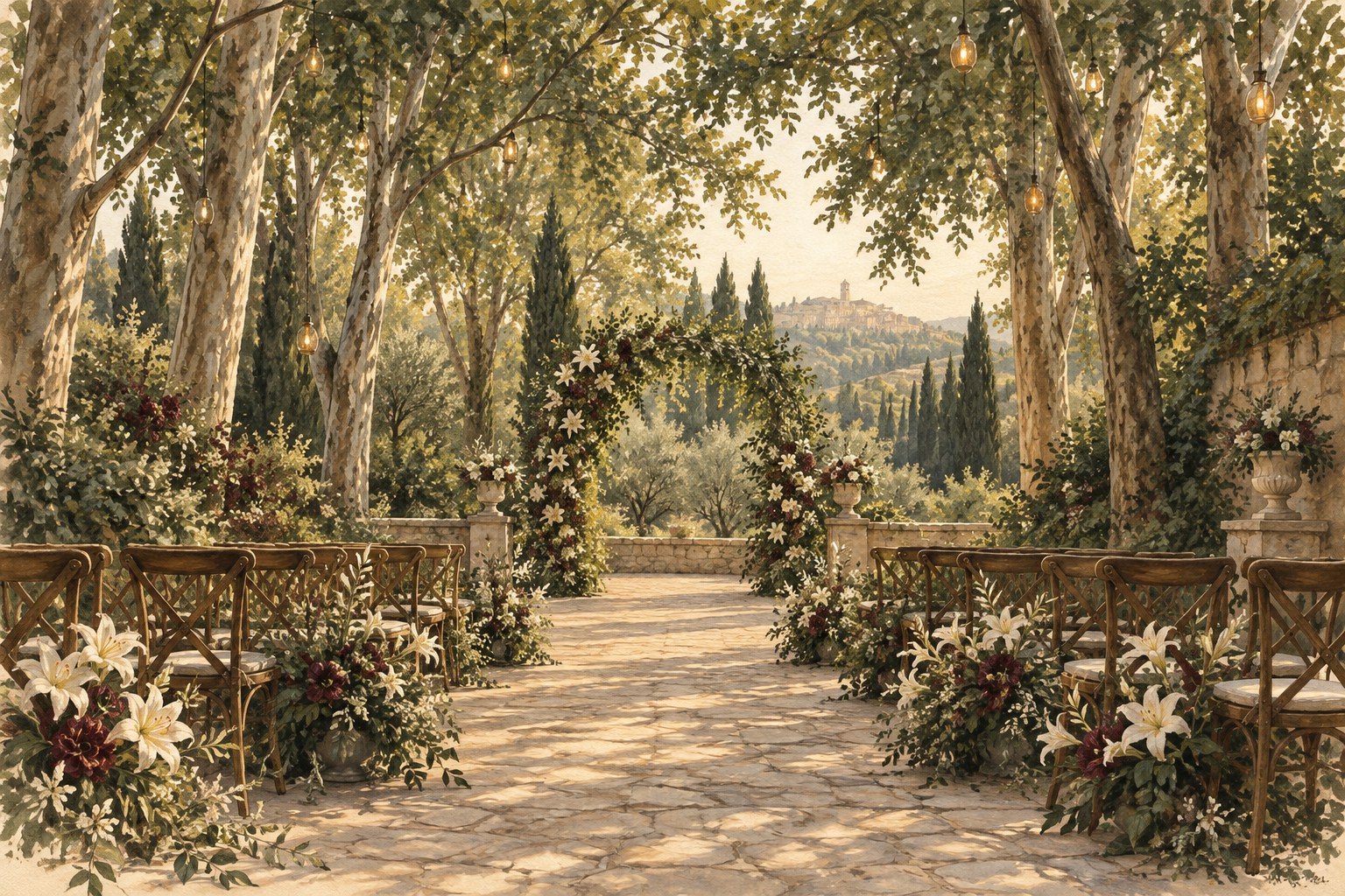 Woodland ceremony aisle, white lilies and warm hanging lights
